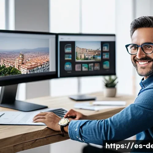 인테리어 코디네이터로서 성장하는 법 - A modern interior design coordinator at work in a stylish, well-lit office in Spain, wearing smart c...