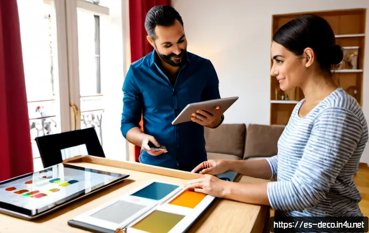 인테리어 코디네이터 협력업체와의 관계 관리 - Photorealistic interior design coordinator meeting with a trusted local renovation contractor in a b...