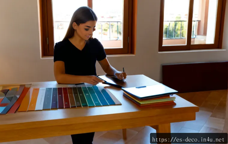 인테리어 코디네이터 신입에서 전문가로 성장하기 - Photorealistic young interior design coordinator in a bright contemporary Madrid apartment, thoughtf...